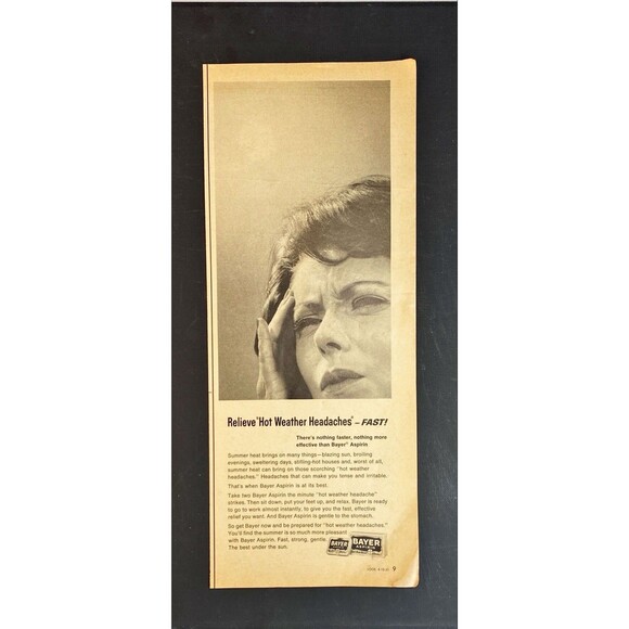 Bayer Aspirin "Relieve Hot Weather Headaches-Fast" Vintage Print Ad 1965 - Picture 3 of 3